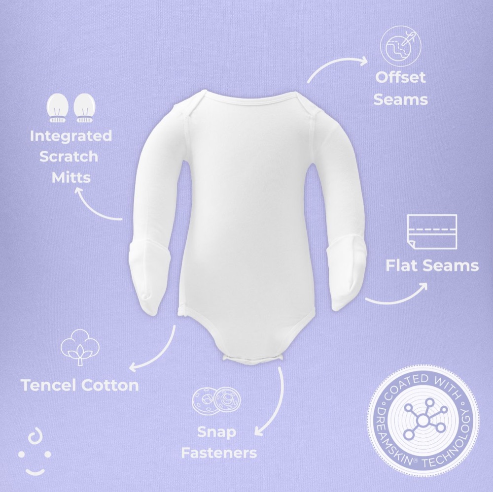 Labelled bodysuit: integrated scratch mitts, offset seams, flat seams, TENCEL cotton, snap fasteners