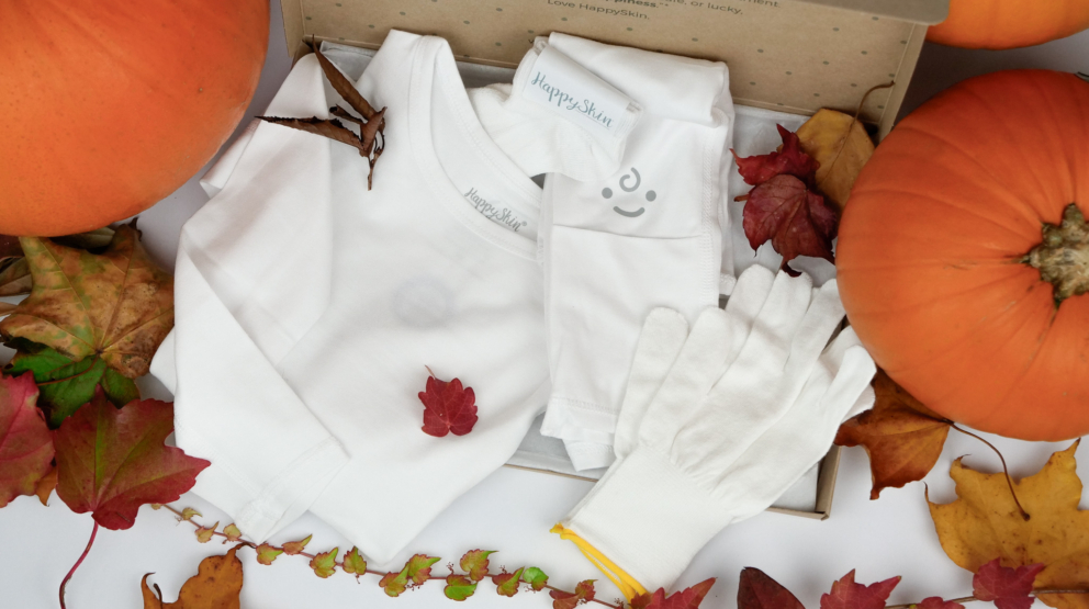 Full range of HappySkin therapeutic eczema clothing for children including gloves, bodysuits, leggings, socks and accessories
