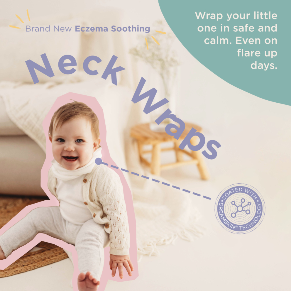 baby boy wearing soft neck wrap designed for eczema-prone skin