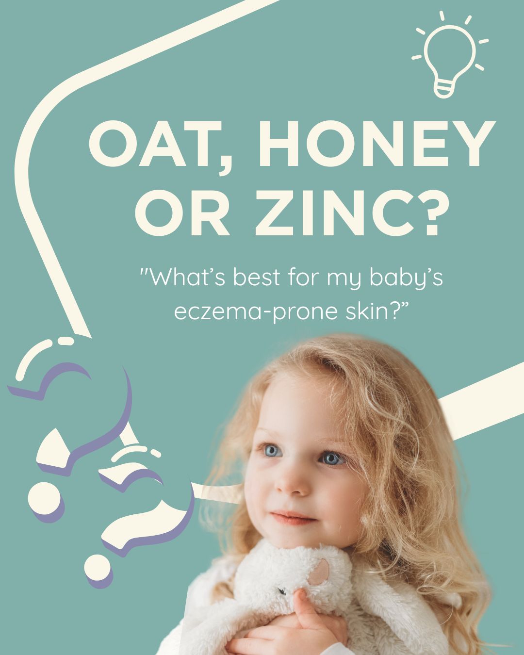 Baby wearing a white HappySkin bodysuit surrounded by question marks, illustrating how parents choose a baby eczema cream.